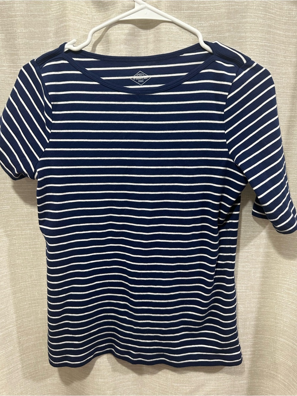 St. John's Bay Women Navy & White Striped Short Sleeve Tee